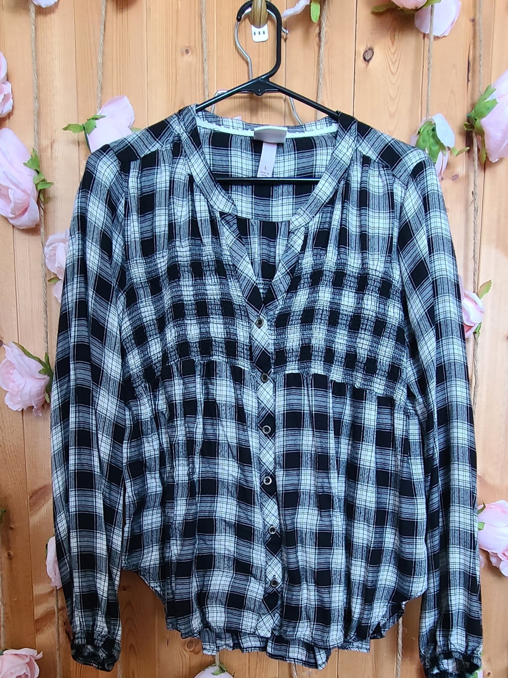 Knox Rose Black and White Plaid Button-Front Blouse